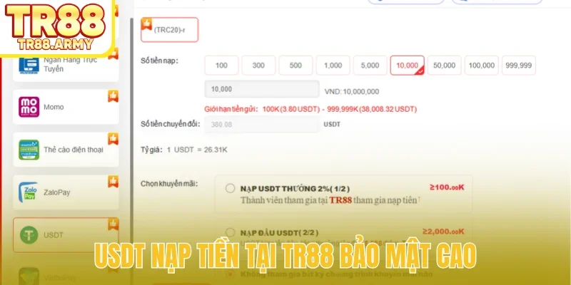 USDT nạp tiền tại TR88 bảo mật cao